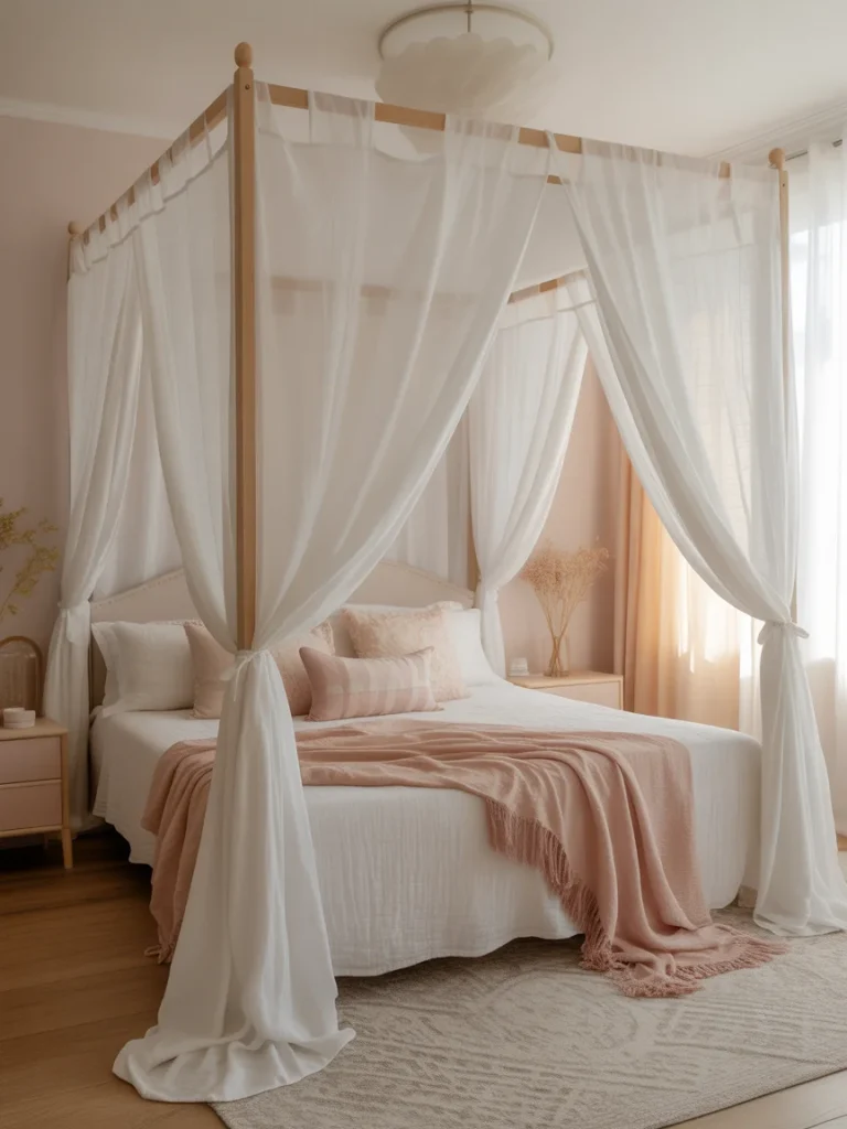 Canopy girly bedroom with sheer white curtains and soft blush bedding