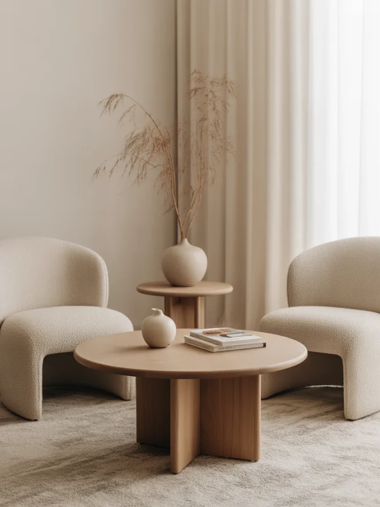 Minimalist living room with neutral lounge chairs and round wooden coffee table styled with simple decor