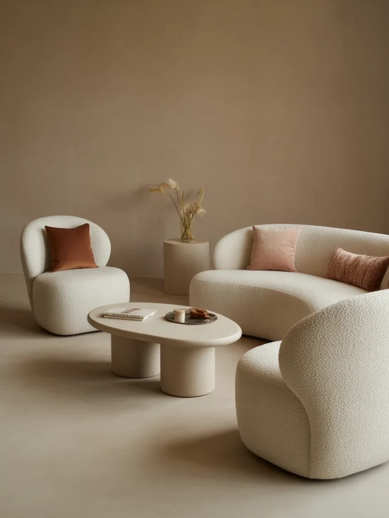 Minimalist living room with cozy curved seating, soft textured chairs, and neutral decor accents