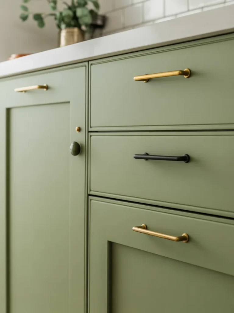 Sage green kitchen cabinets with mixed brass and black hardware finishes