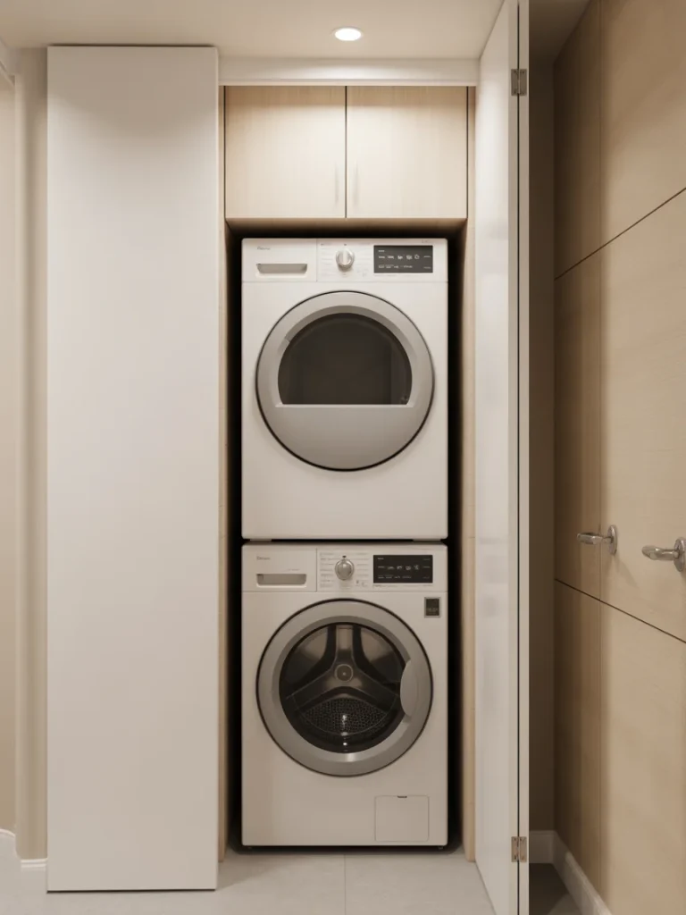 Compact stacked washer and dryer tucked into a small laundry room cabinet