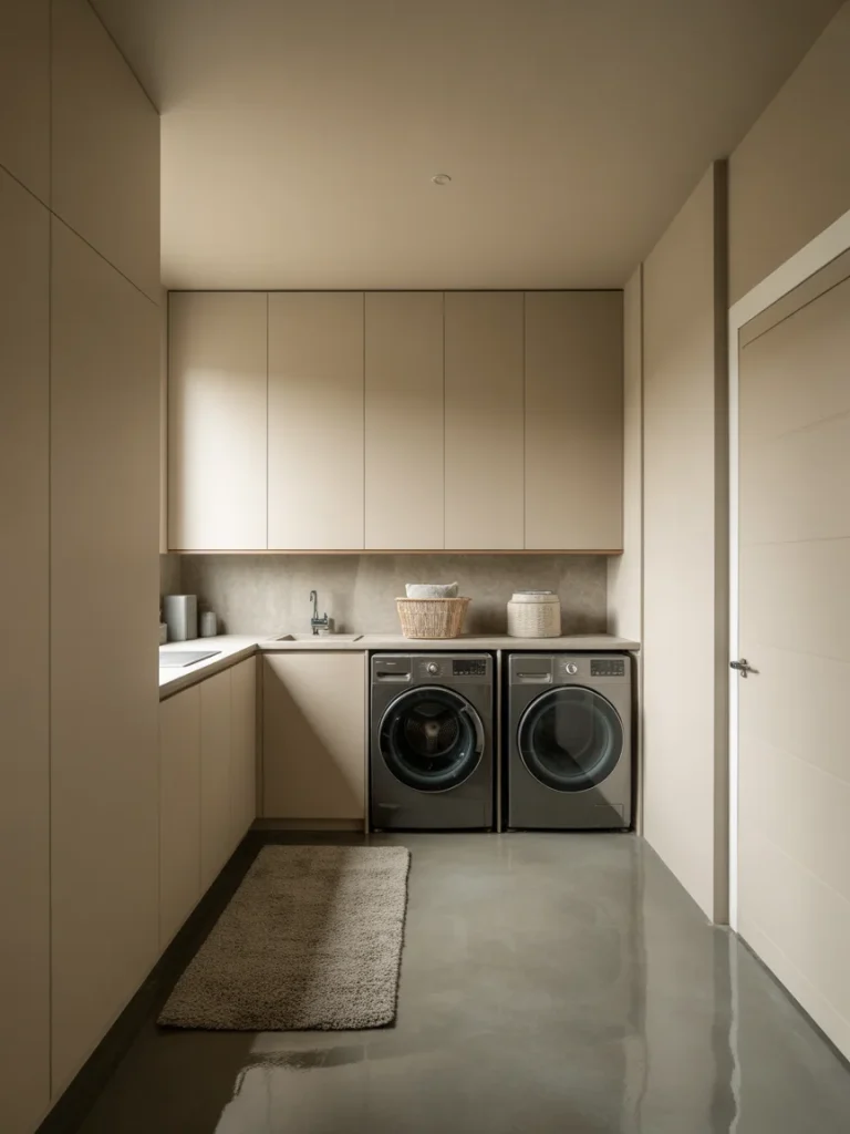 Modern laundry room with polished concrete floor, beige cabinets, and front-load washer and dryer