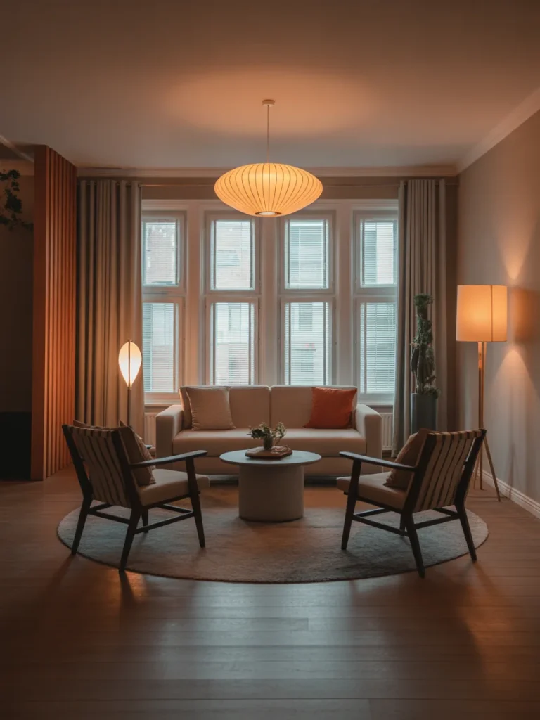 Modern living room conversation area with a sofa, two accent chairs, round rug, and warm ambient lighting
