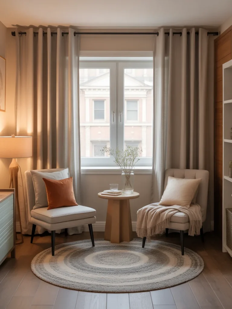 Small conversation nook with two accent chairs, a round rug, side table, and neutral decor near a window