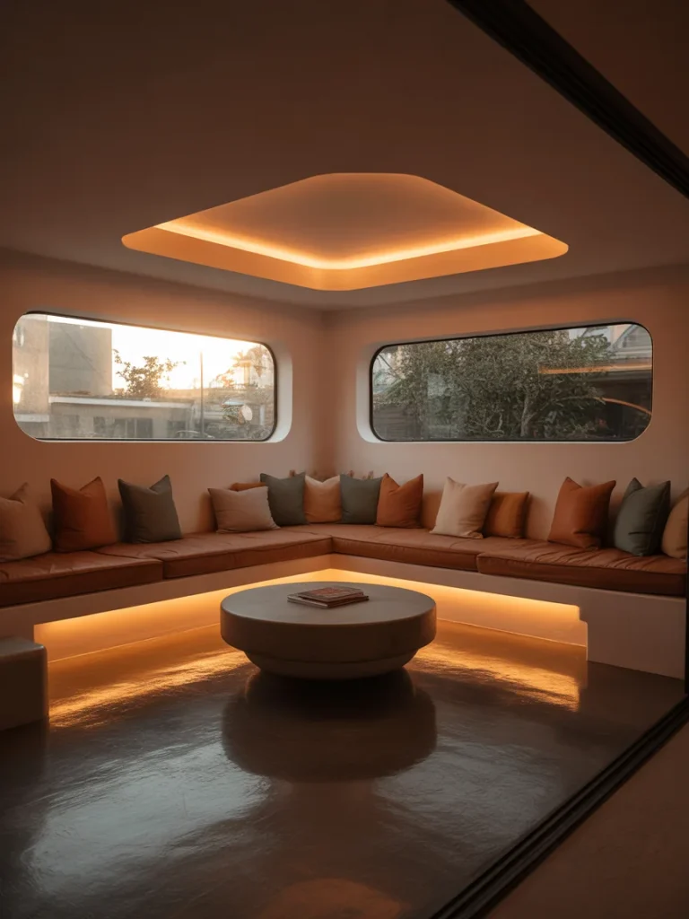 Modern conversation pit with cushioned built-in seating, warm accent lighting, and a round center table