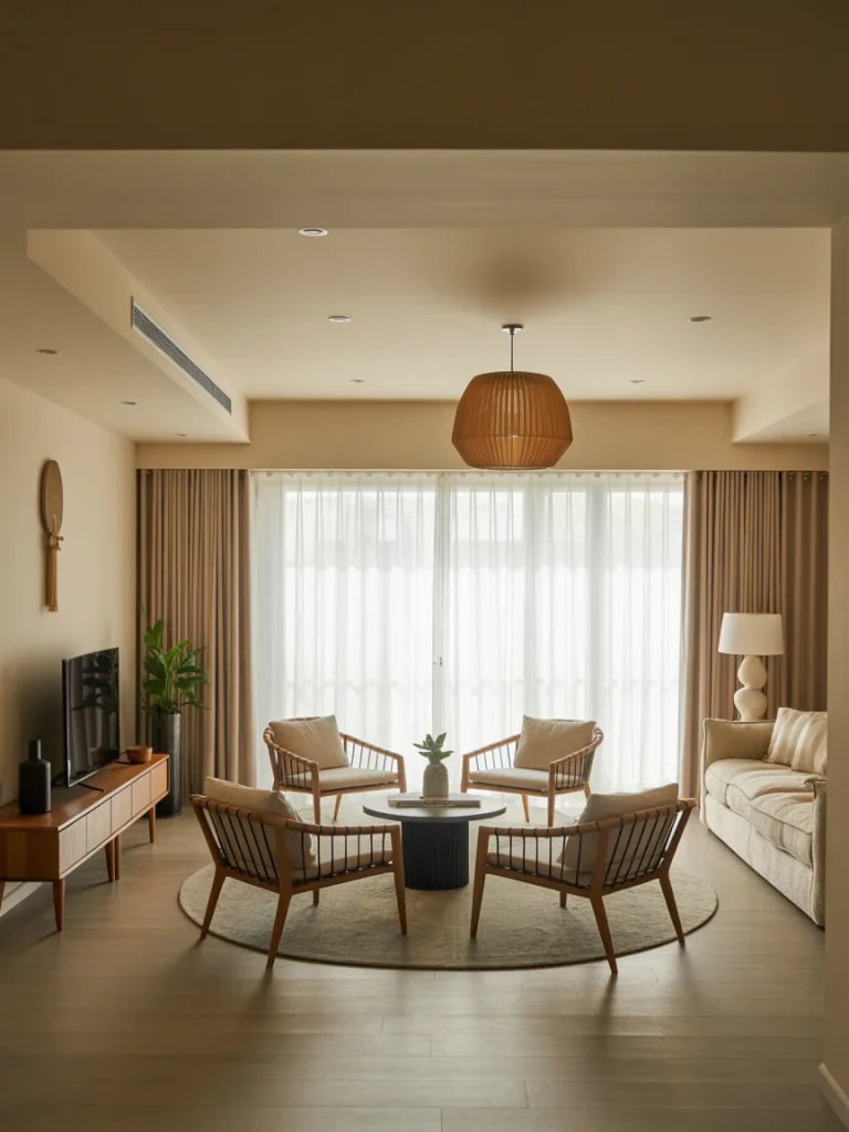 Open layout living room with four wooden accent chairs around a round table on a circular rug, styled with neutral decor
