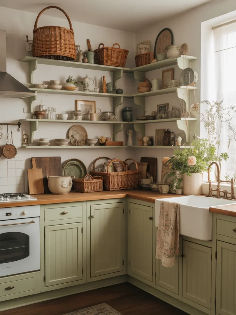 Cottage-style sage green kitchen with open shelving, wicker baskets, and farmhouse sink