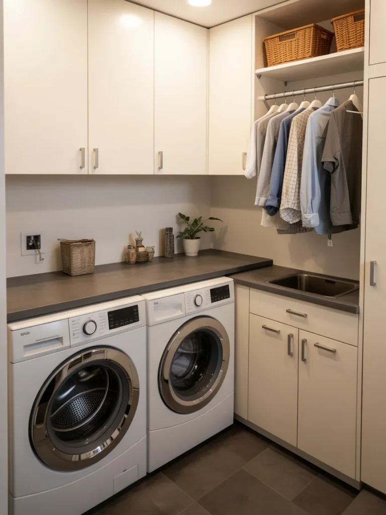 Small laundry room with countertop folding space, front-load washer and dryer, and hanging rod