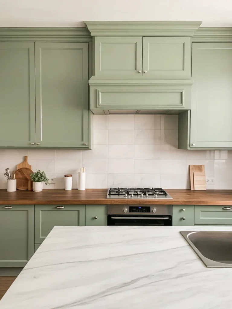 Sage green kitchen cabinets paired with white marble countertops and warm wood surfaces