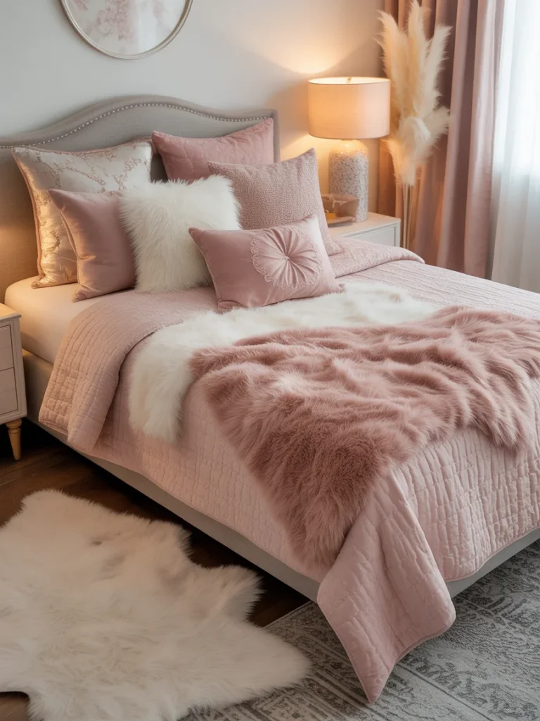 Cozy girly bedroom with soft pink bedding, plush pillows, and fluffy textures
