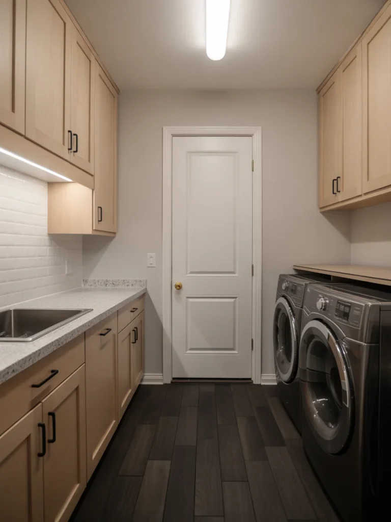 Dark wood-look flooring in a modern laundry room with light cabinets and front-loading washer and dryer