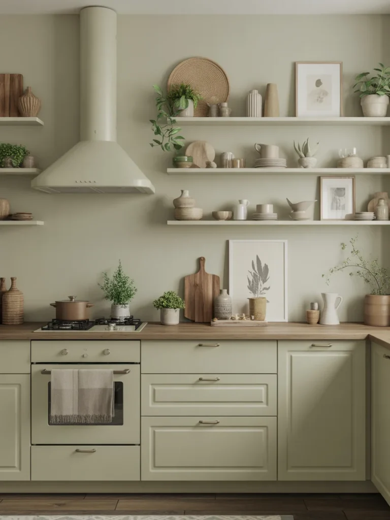 Sage green kitchen with open shelves styled with neutral decor, plants, and ceramic accents