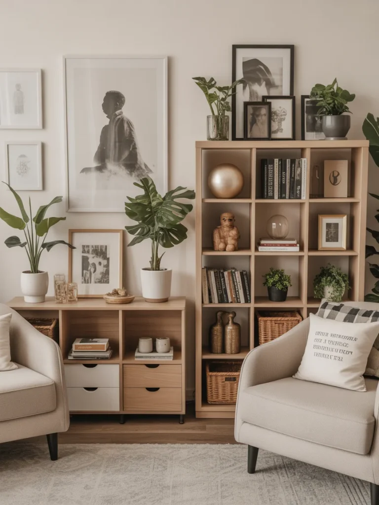 Neutral living room with bookshelves, indoor plants, framed artwork, and cozy seating décor