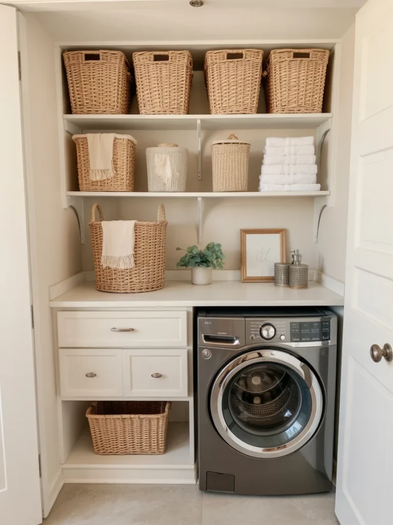 Clutter-free small laundry room with woven baskets and open shelving