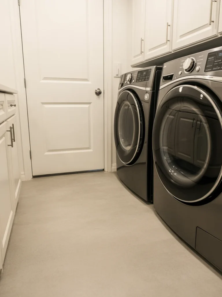 Easy-to-clean laundry room floor with smooth light-gray surface and modern appliances
