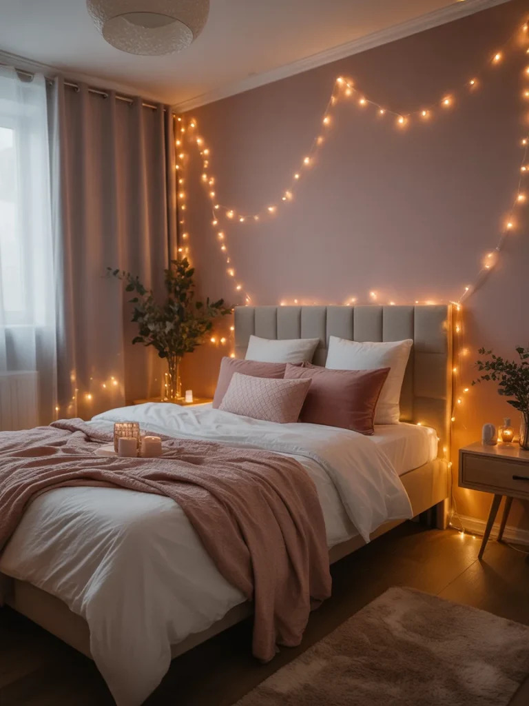 Fairy light girly bedroom with soft pink bedding and warm ambient lighting