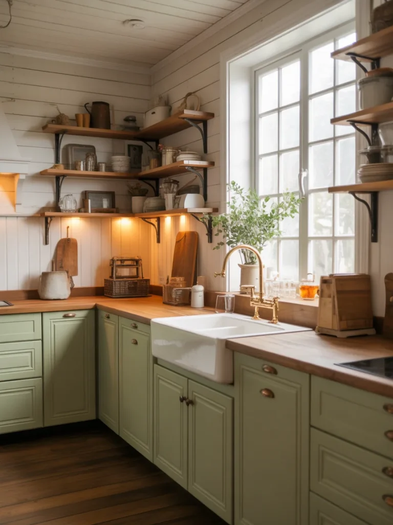 Farmhouse-inspired sage green kitchen with apron-front sink, open wooden shelves, and brass faucet