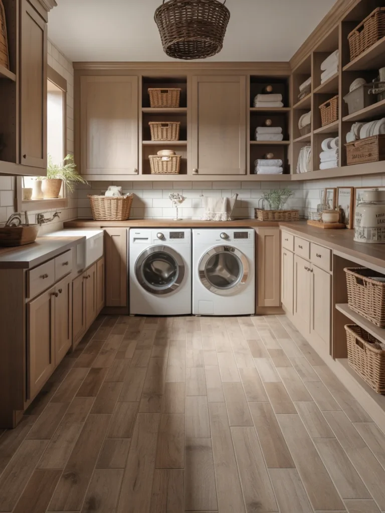 Farmhouse laundry room with warm wood-look floor, beige cabinets, and woven basket storage