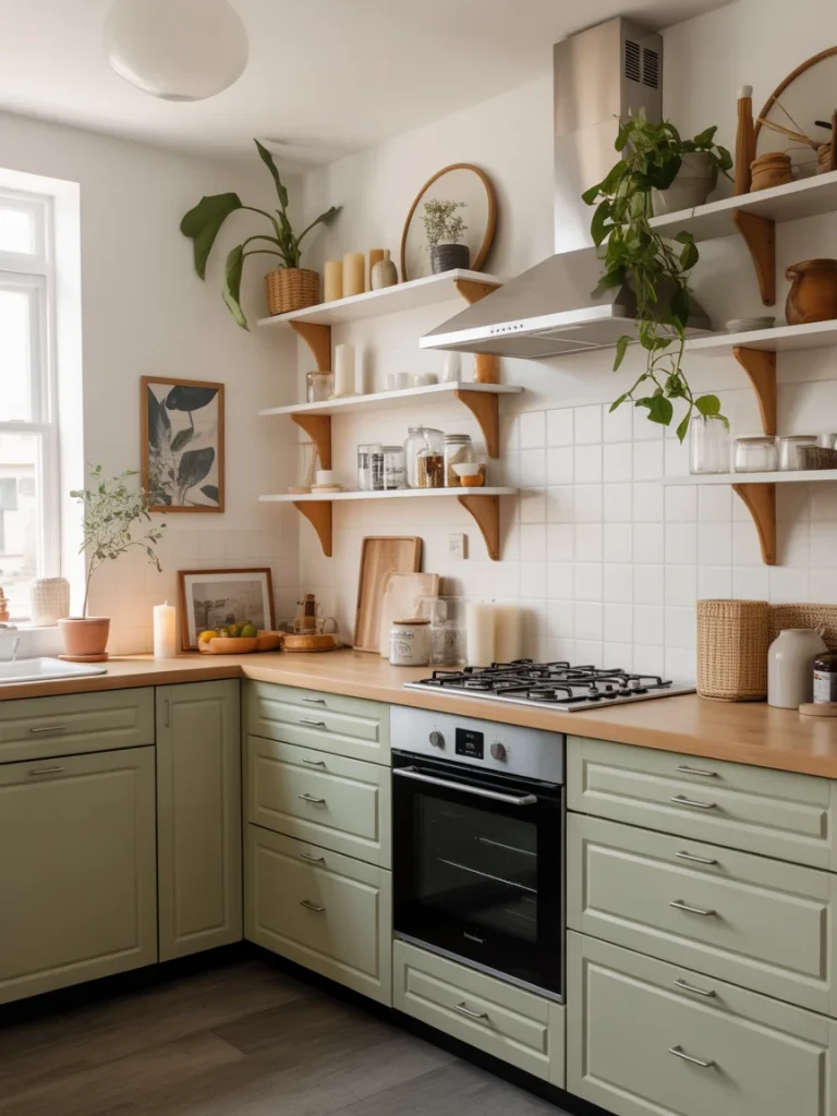 Sage green kitchen with open shelving, plants, and warm wood accents for a finished look