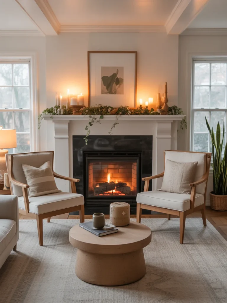 Cozy living room with two accent chairs facing a fireplace, styled with candles and neutral décor