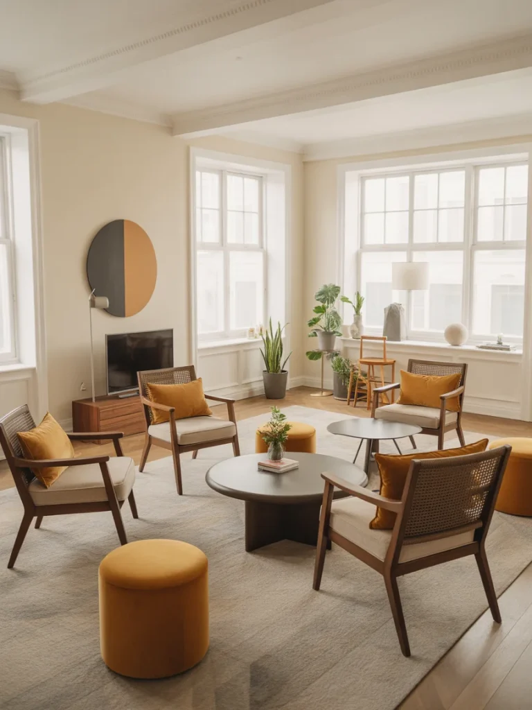 Modern entertaining space with movable chairs, poufs, and round coffee tables for flexible seating layouts