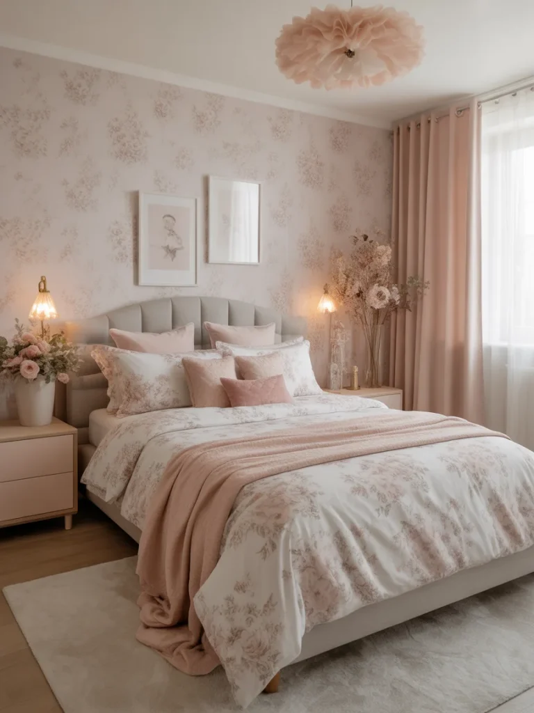 Floral girly bedroom with blush pink bedding, soft wallpaper, and romantic decor
