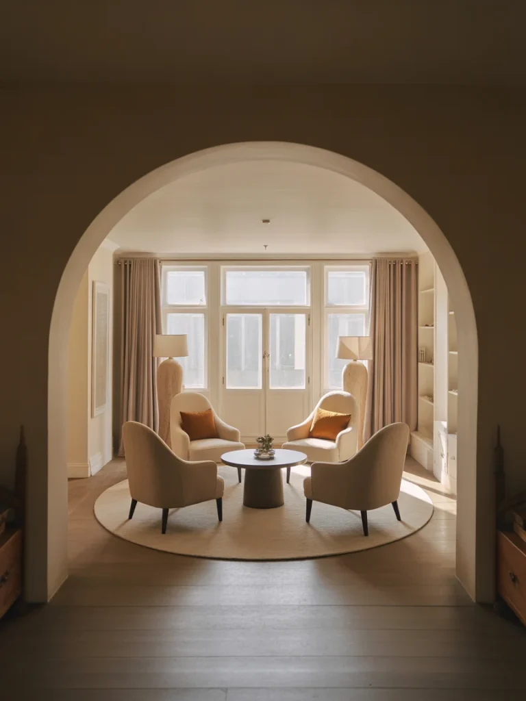 Elegant four-chair sitting area with round rug, accent pillows, and soft neutral décor framed by an arched doorway