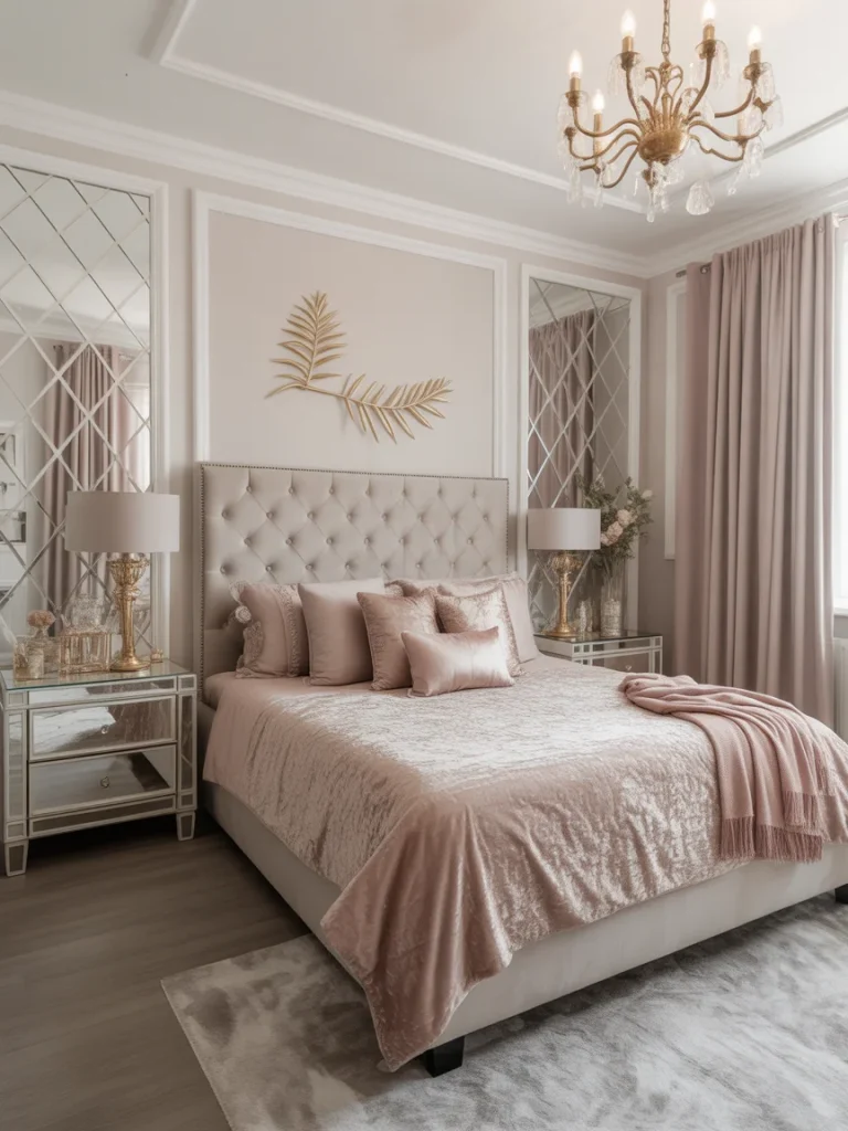 Glam girly bedroom with tufted headboard, mirrored furniture, and gold chandelier