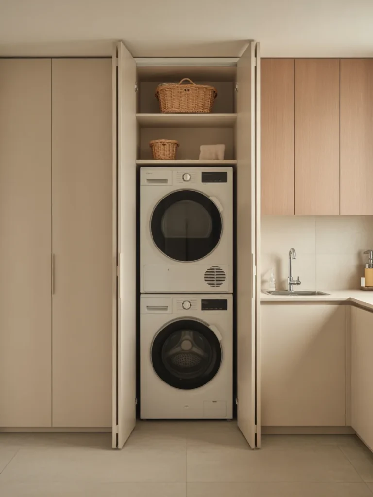 Hidden laundry room with stacked washer dryer inside built-in cabinets