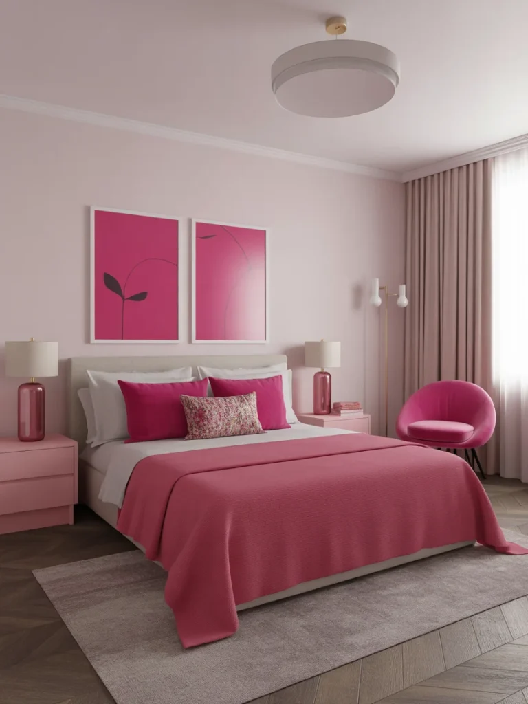 Hot pink girly bedroom with bold decor and modern feminine style