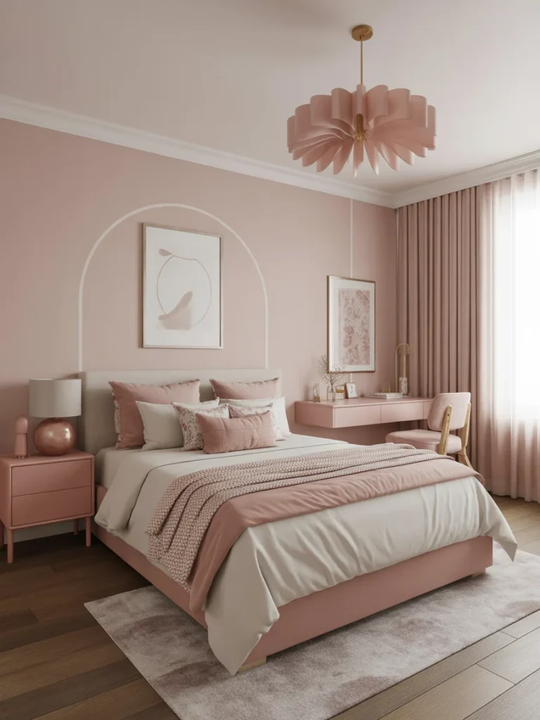 Cohesive girly bedroom with blush pink palette, layered textiles, and coordinated decor