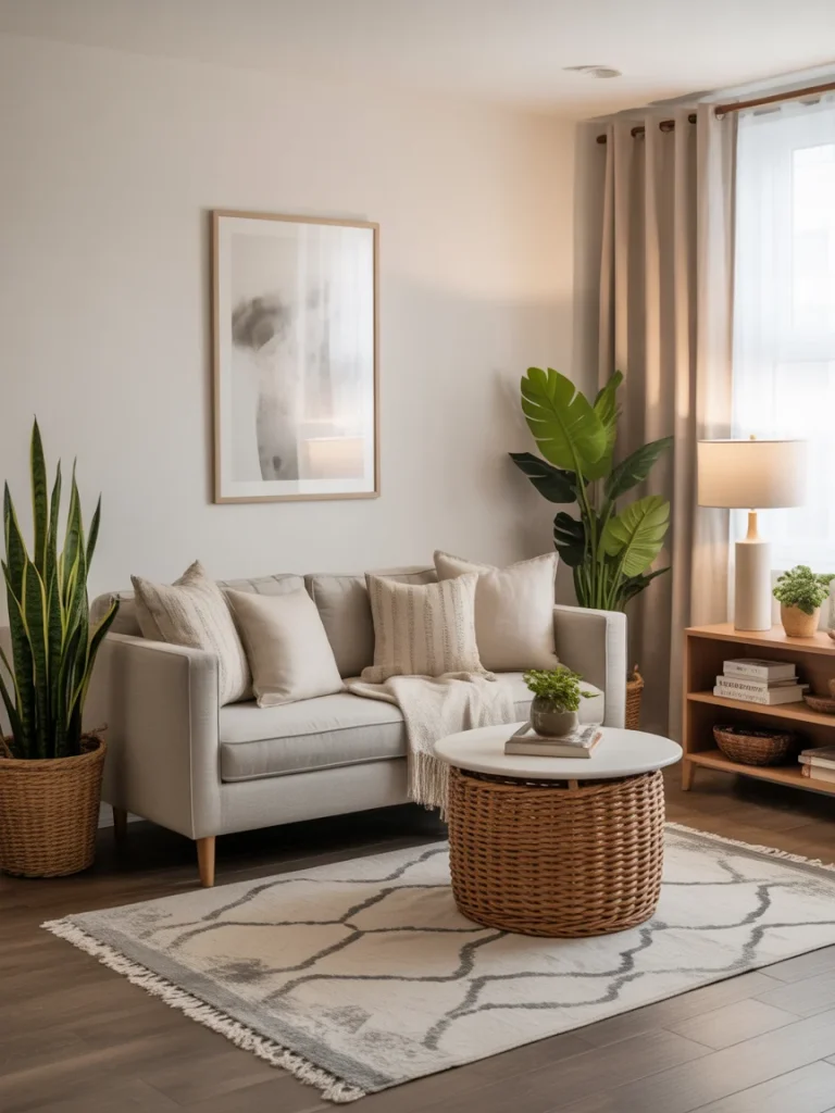 Cozy neutral living room with plants, soft pillows, woven coffee table and layered decor accents
