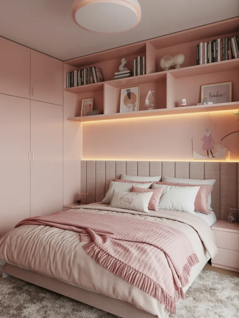 Girly bedroom with soft pink decor and warm LED strip lighting behind headboard