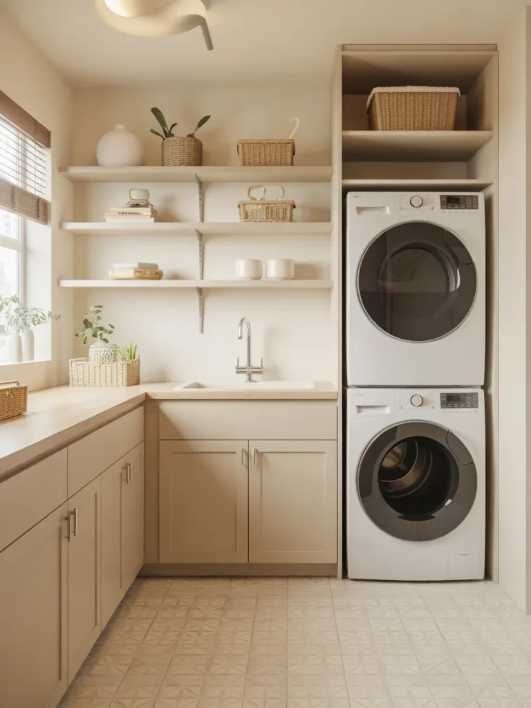 Small neutral laundry room with patterned tile floor, beige cabinets, open shelves, and stacked washer and dryer