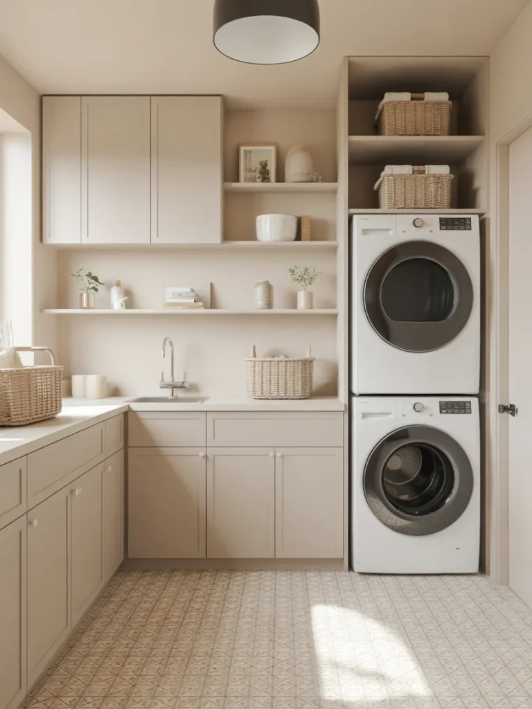 Neutral laundry room with patterned tile flooring, beige cabinets, open shelves, and stacked washer and dryer
