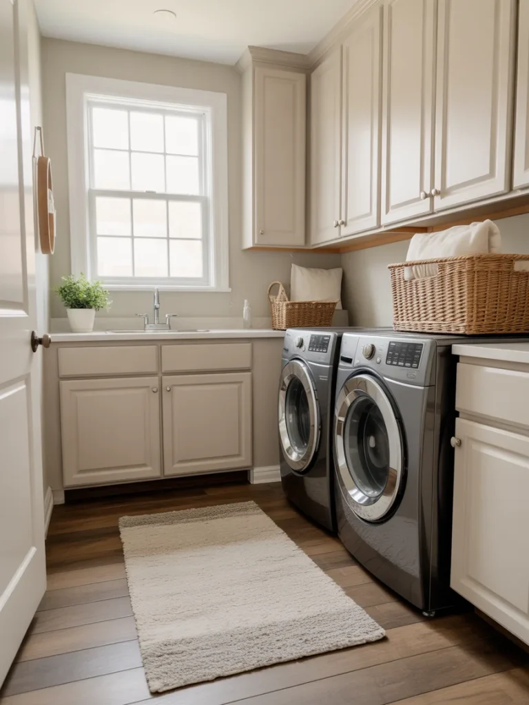 Laundry room floor with wood-look flooring and a soft neutral rug in front of washer and dryer
