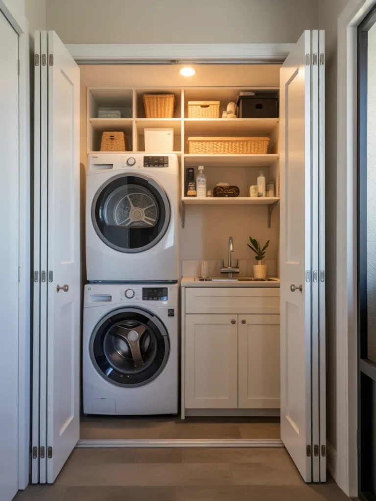 Laundry room closet with stacked washer and dryer, sink, and open shelving in a small space