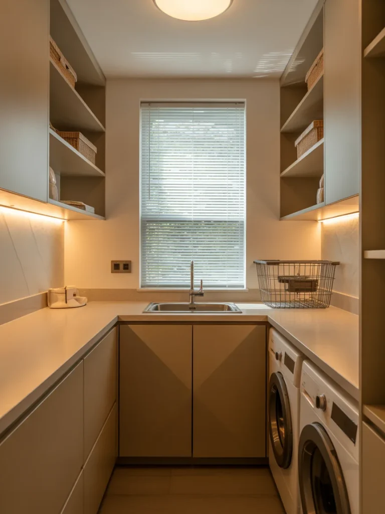 Small laundry room with layered lighting, under-cabinet lights, and natural window light