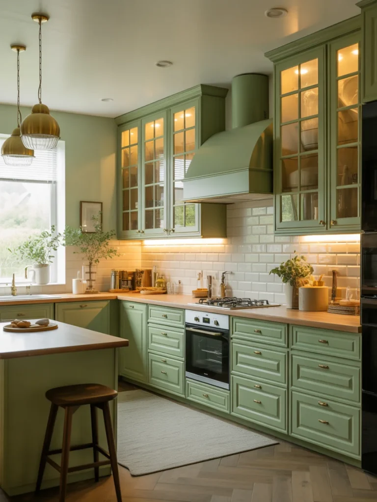 Sage green kitchen with warm pendant lighting, glass cabinets, and under-cabinet lights