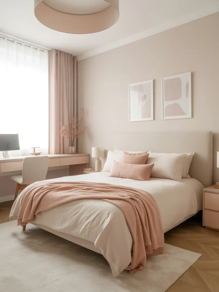 Minimalist girly bedroom with neutral tones, soft blush accents, and clean modern design