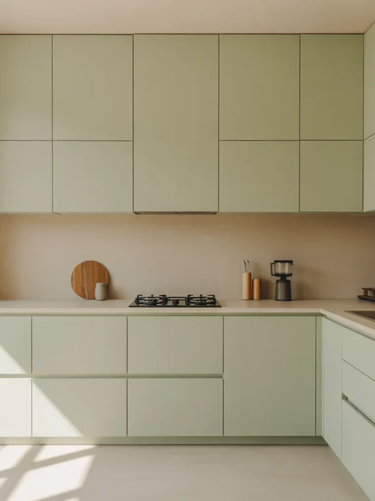 Minimalist sage green kitchen with flat-panel cabinets and clean modern design