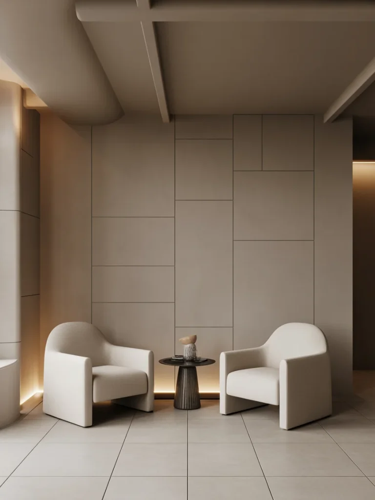Minimal modern conversation space with two neutral lounge chairs and a small round table