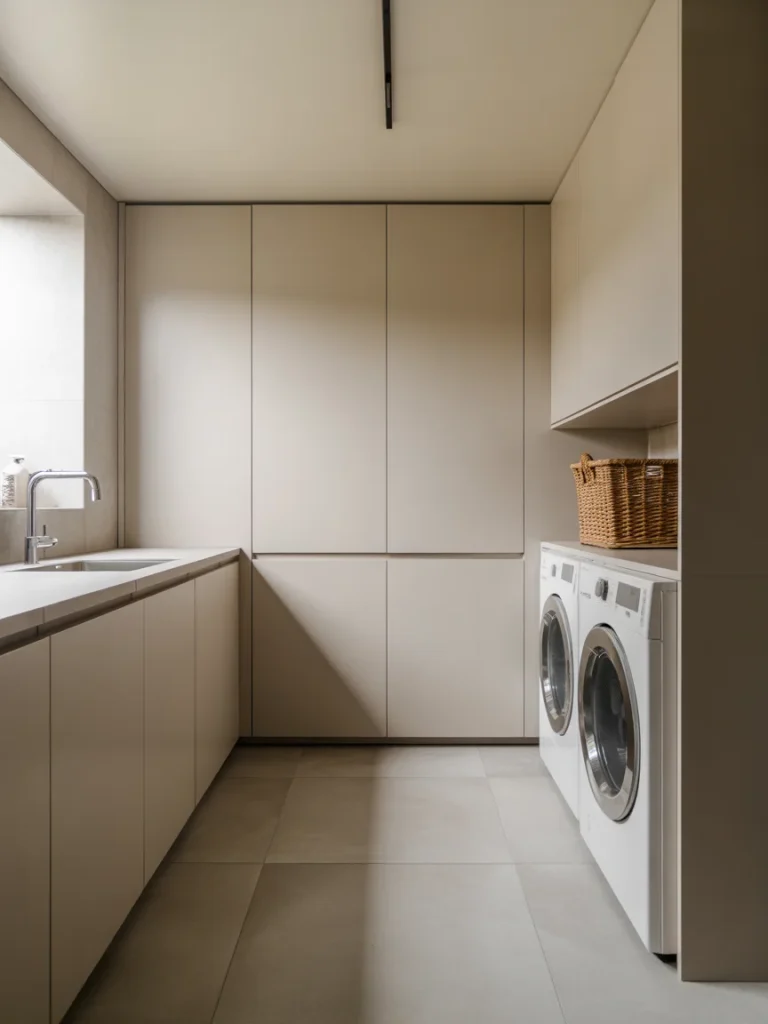 Modern laundry room with large-format light gray tile floor and minimalist beige cabinetry