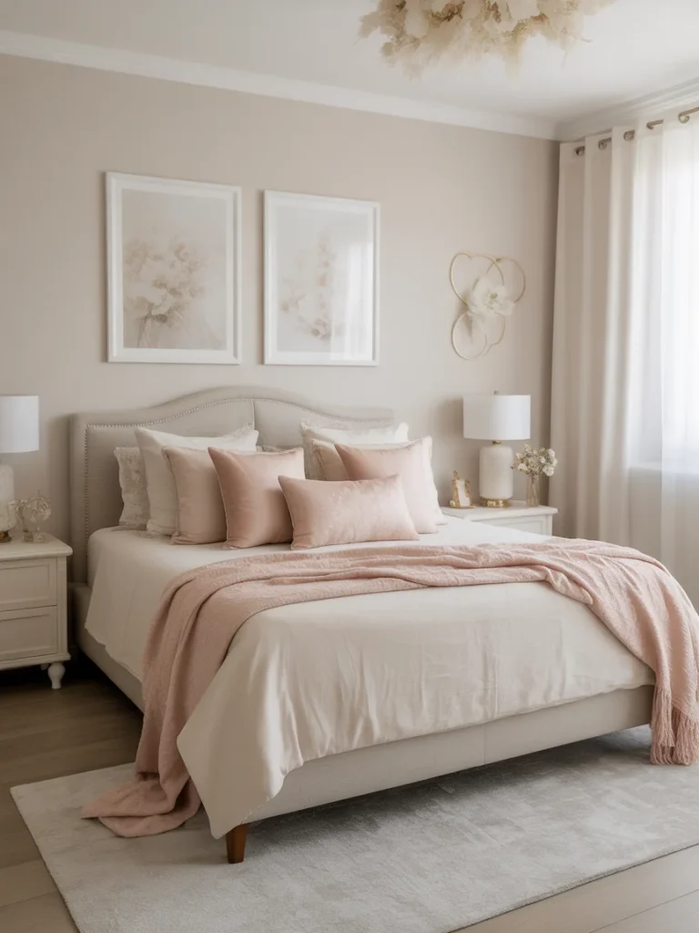 Neutral girly bedroom with soft blush accents and elegant feminine decor