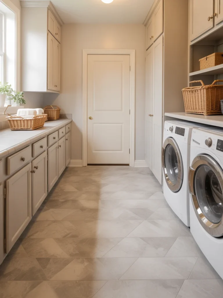 Neutral tile flooring in a laundry room with beige cabinets and front loading washer and dryer