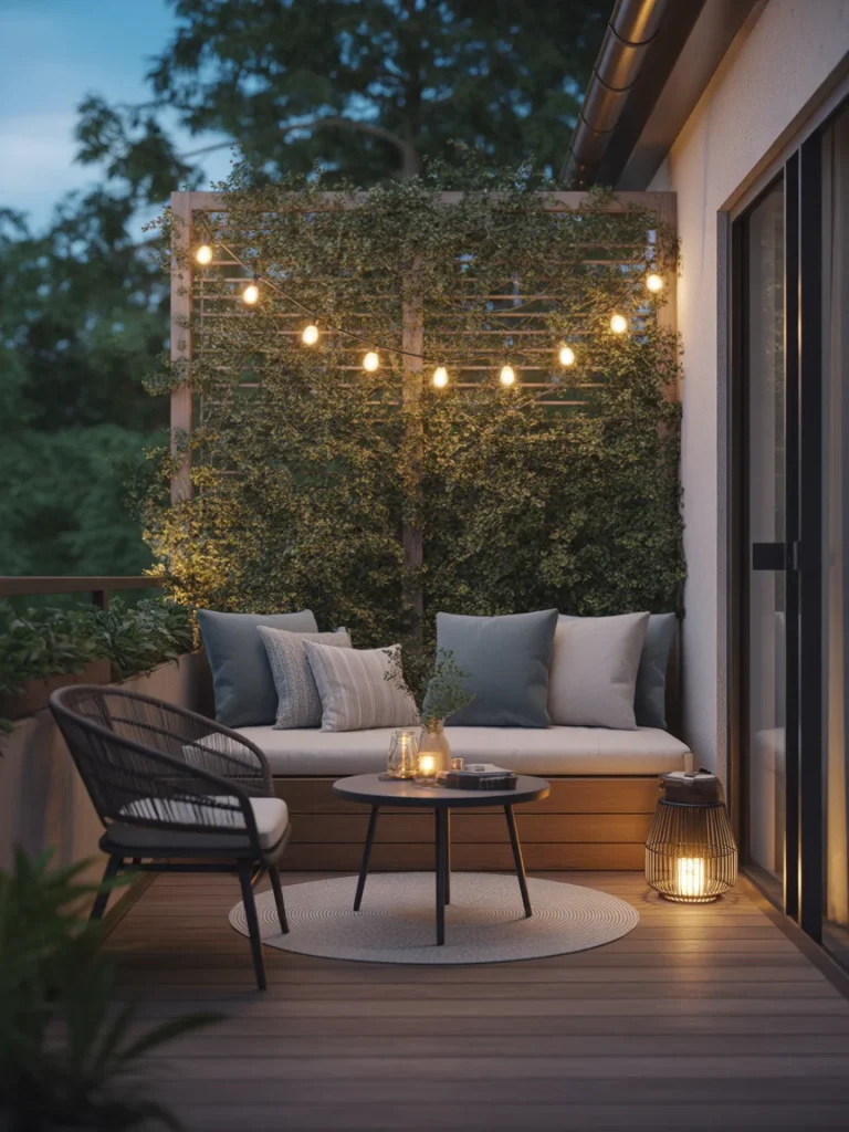Cozy outdoor conversation nook with string lights, cushioned seating, and lantern lighting