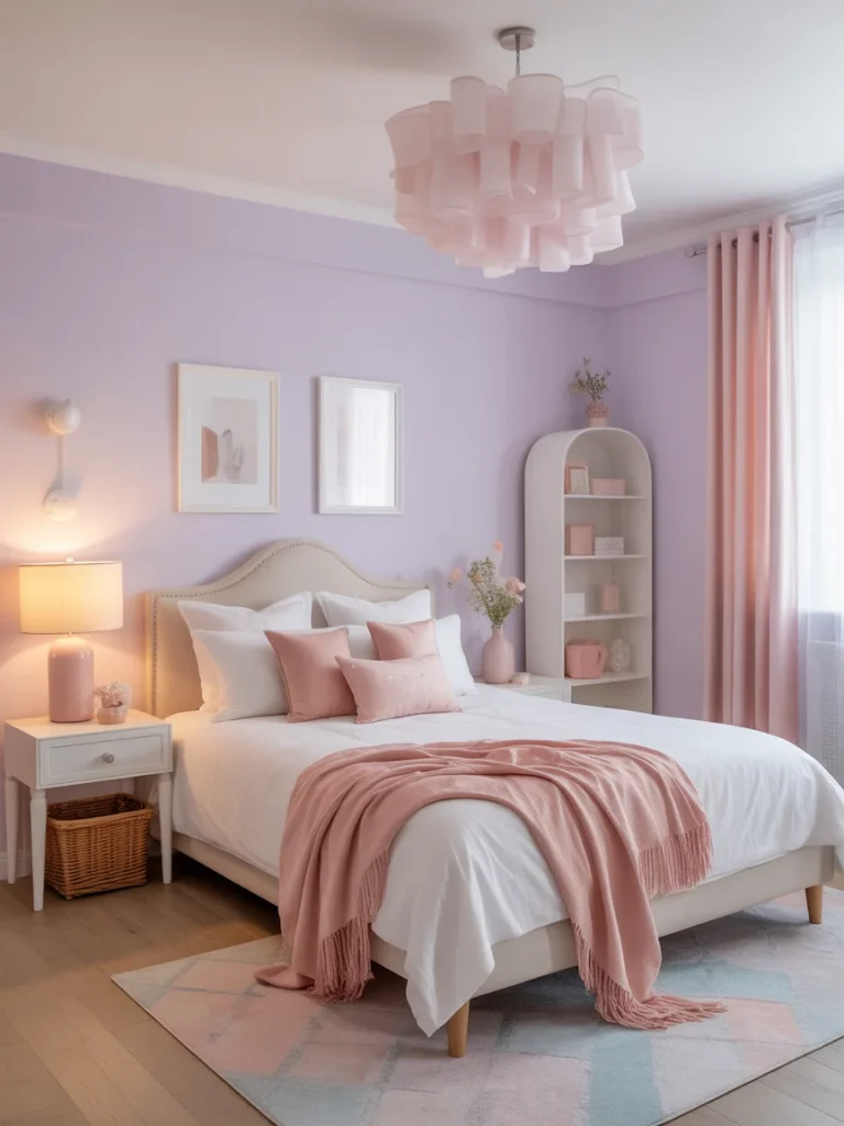 Pastel girly bedroom with lavender walls, blush accents, and soft feminine decor