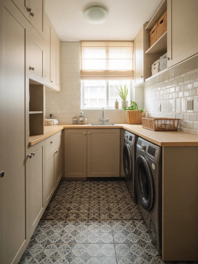 Laundry room with patterned tile floor, beige cabinets, subway tile backsplash, and front-load washer and dryer