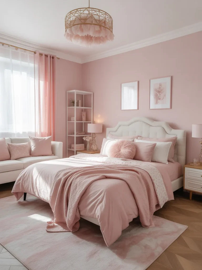 Pink and white girly bedroom with soft blush decor and elegant feminine style