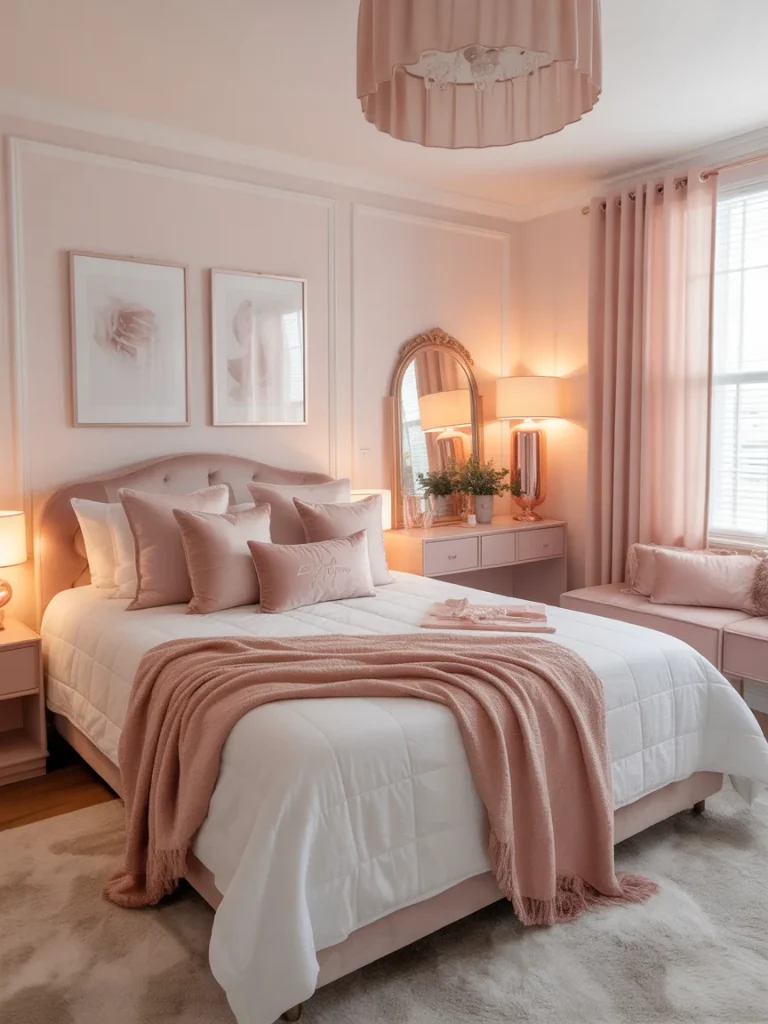 Rose gold girly bedroom with soft blush tones and elegant feminine decor